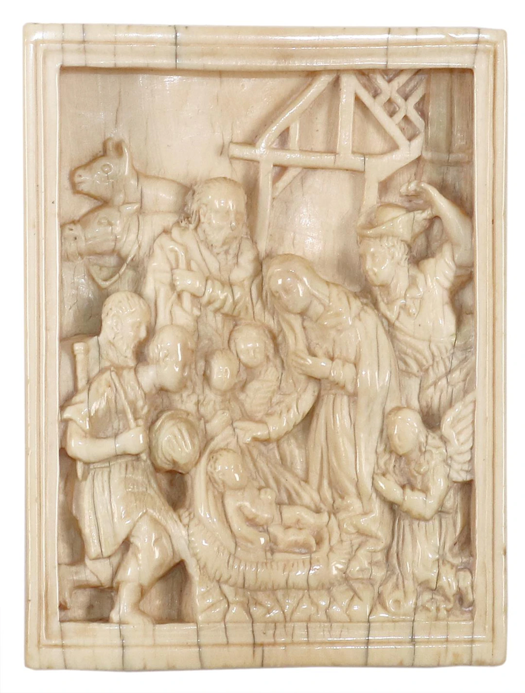 Krippe, Krippendarstellung als Elfenbein-Wandtafel. Sehr fein geschnitztes