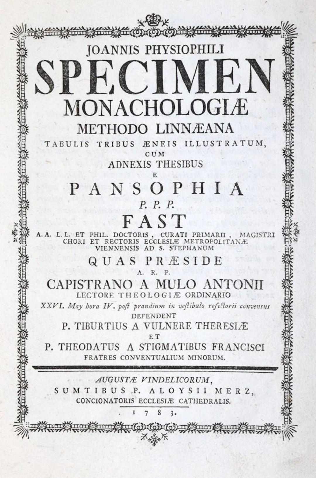 (Born,J.v.). Joannis Physiophili specimen monachologiae methodo Linnaeana.