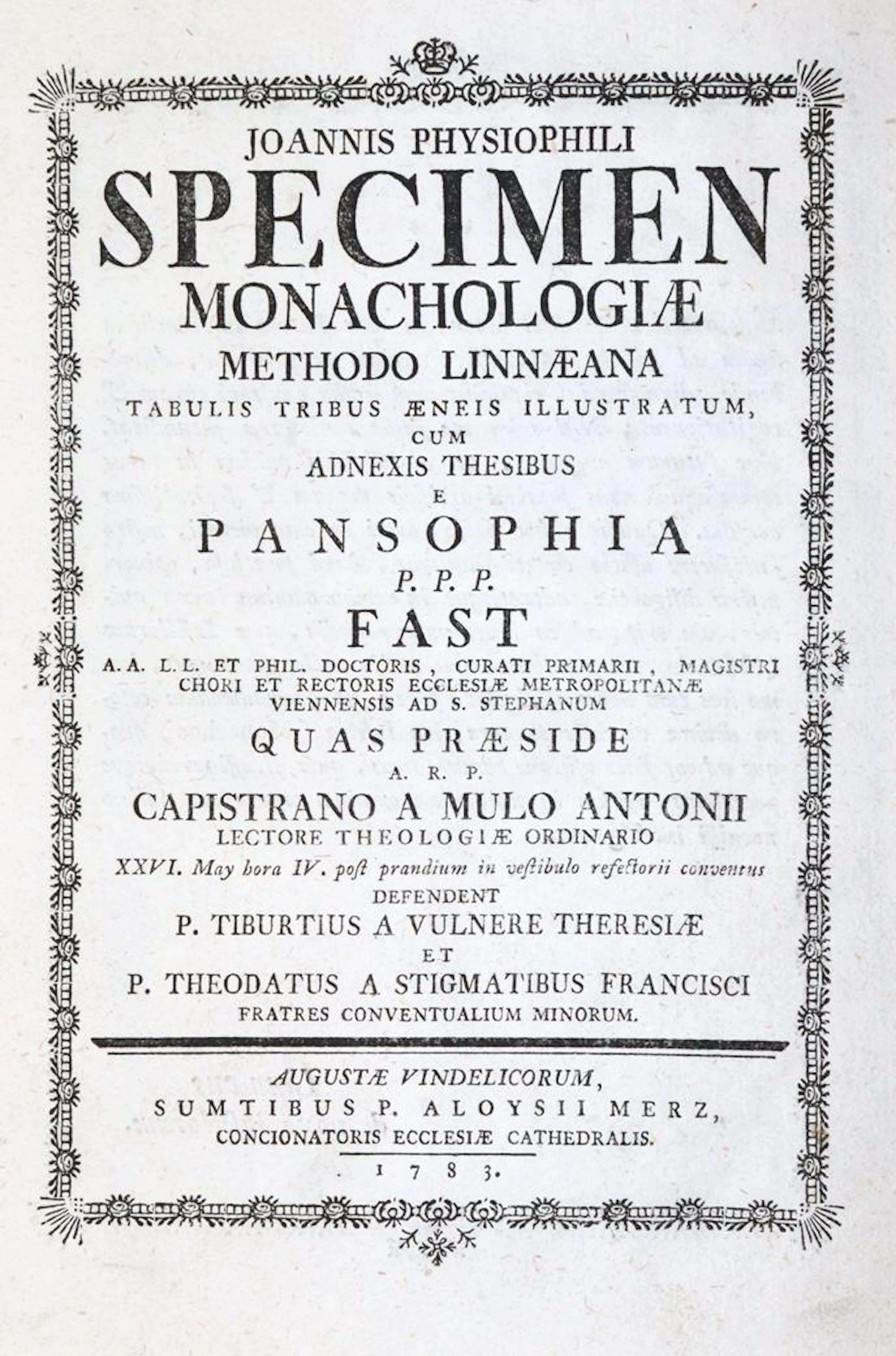 (Born,J.v.). Joannis Physiophili specimen monachologiae methodo Linnaeana.