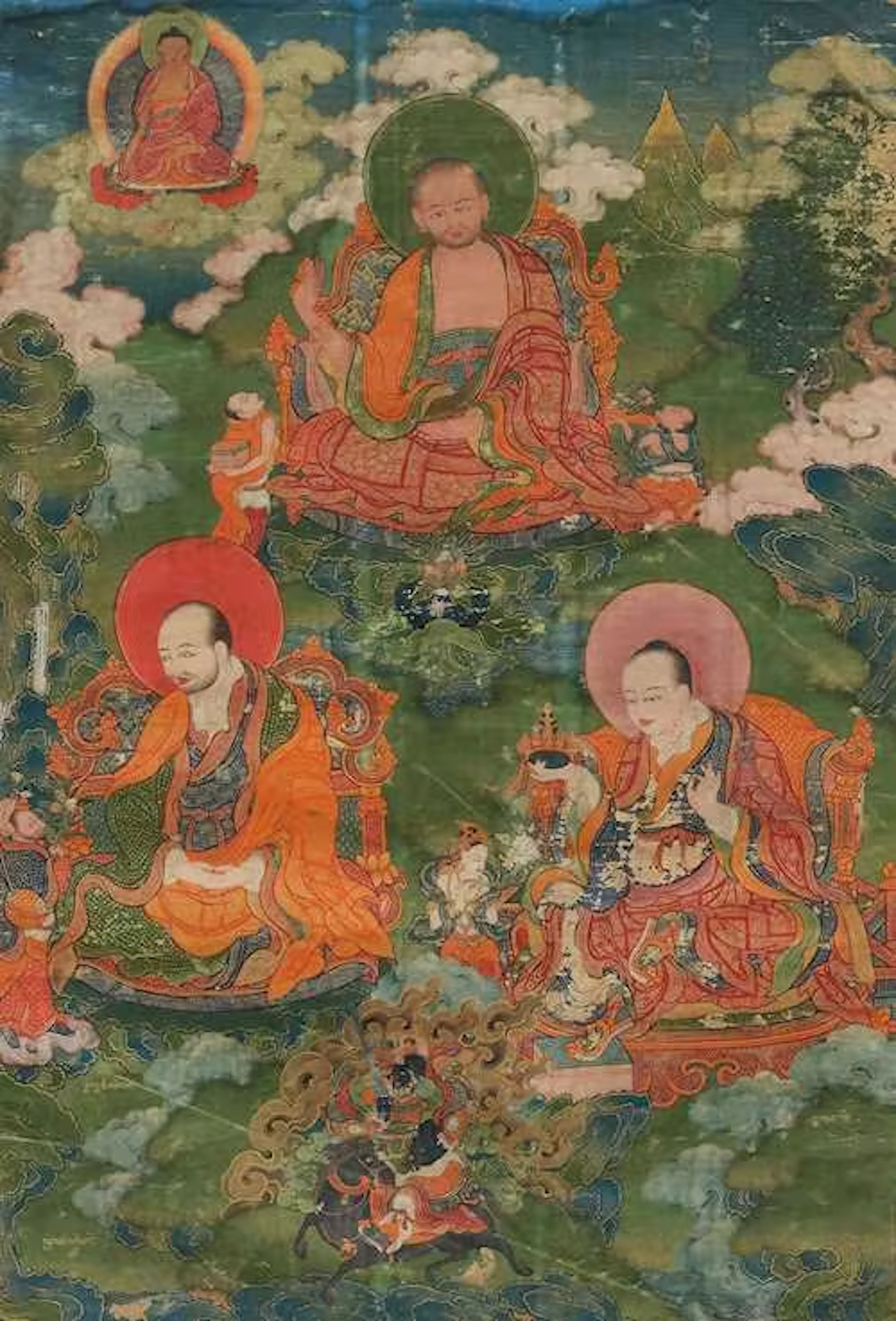 A THANGKA OF THREE LUOHAN