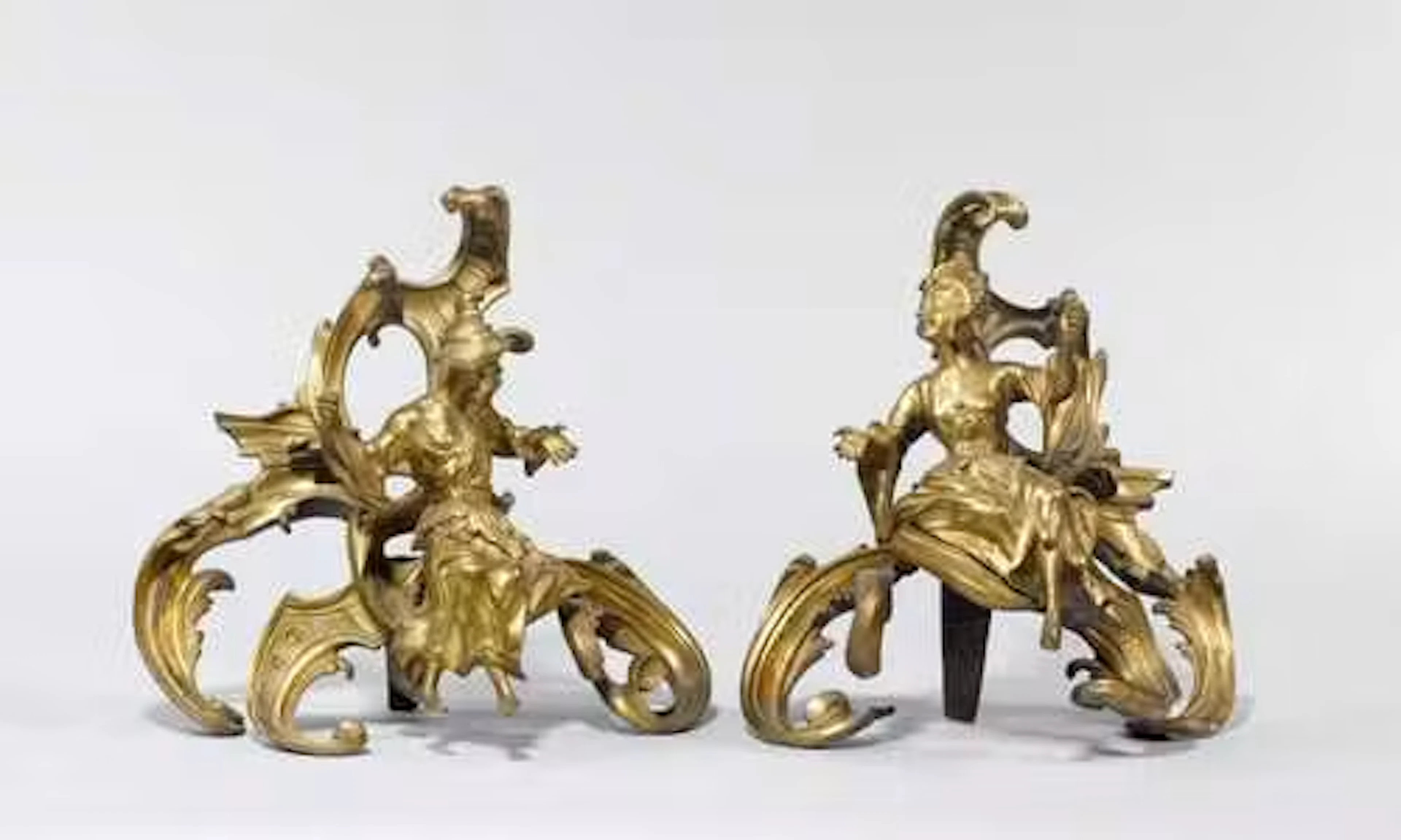 PAIR OF FIREPLACE CHENETS WITH MALE AND FEMALE CHINESE FIGURES