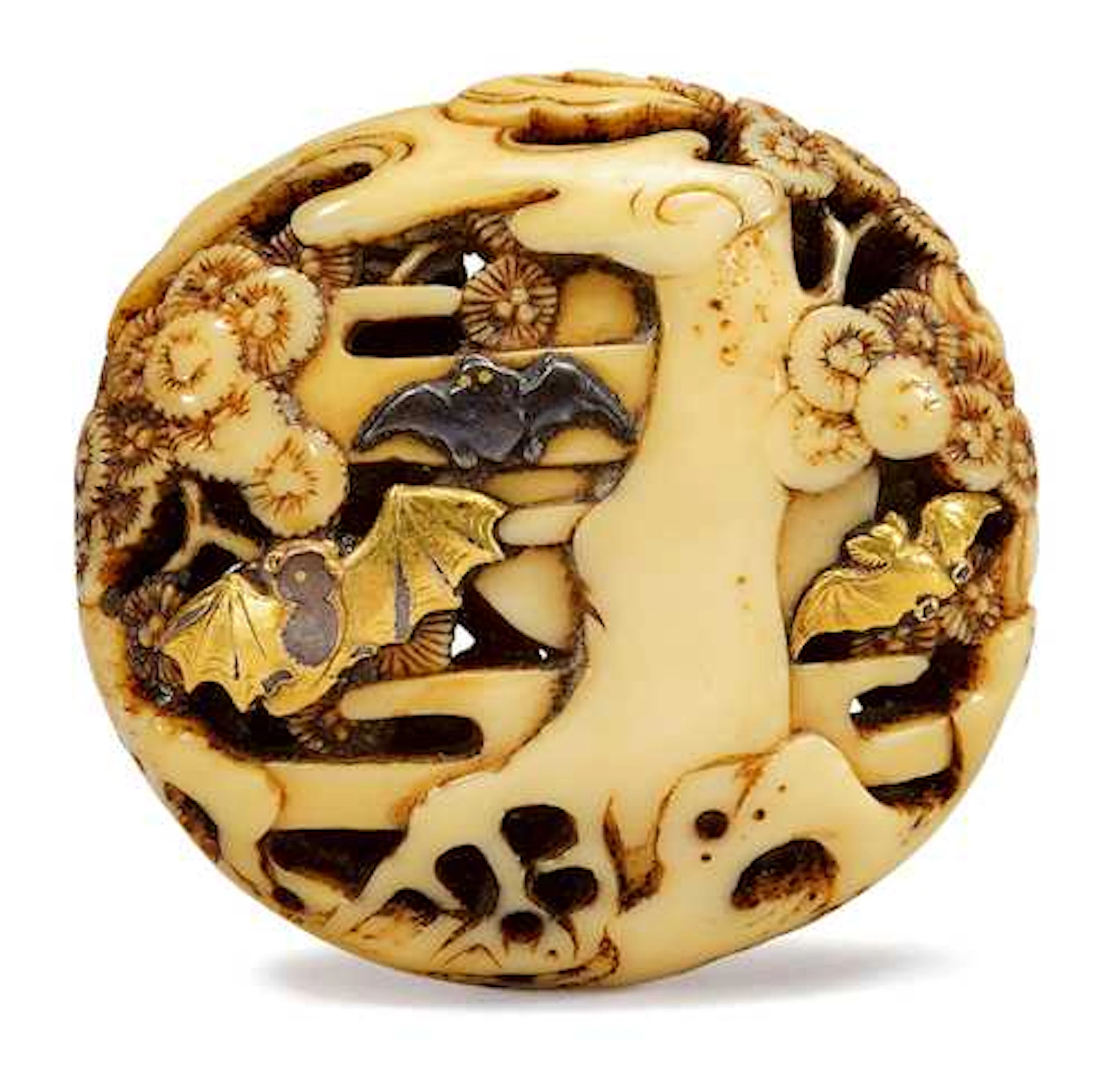 A RYUSA NETSUKE WITH INLAID BATS.
