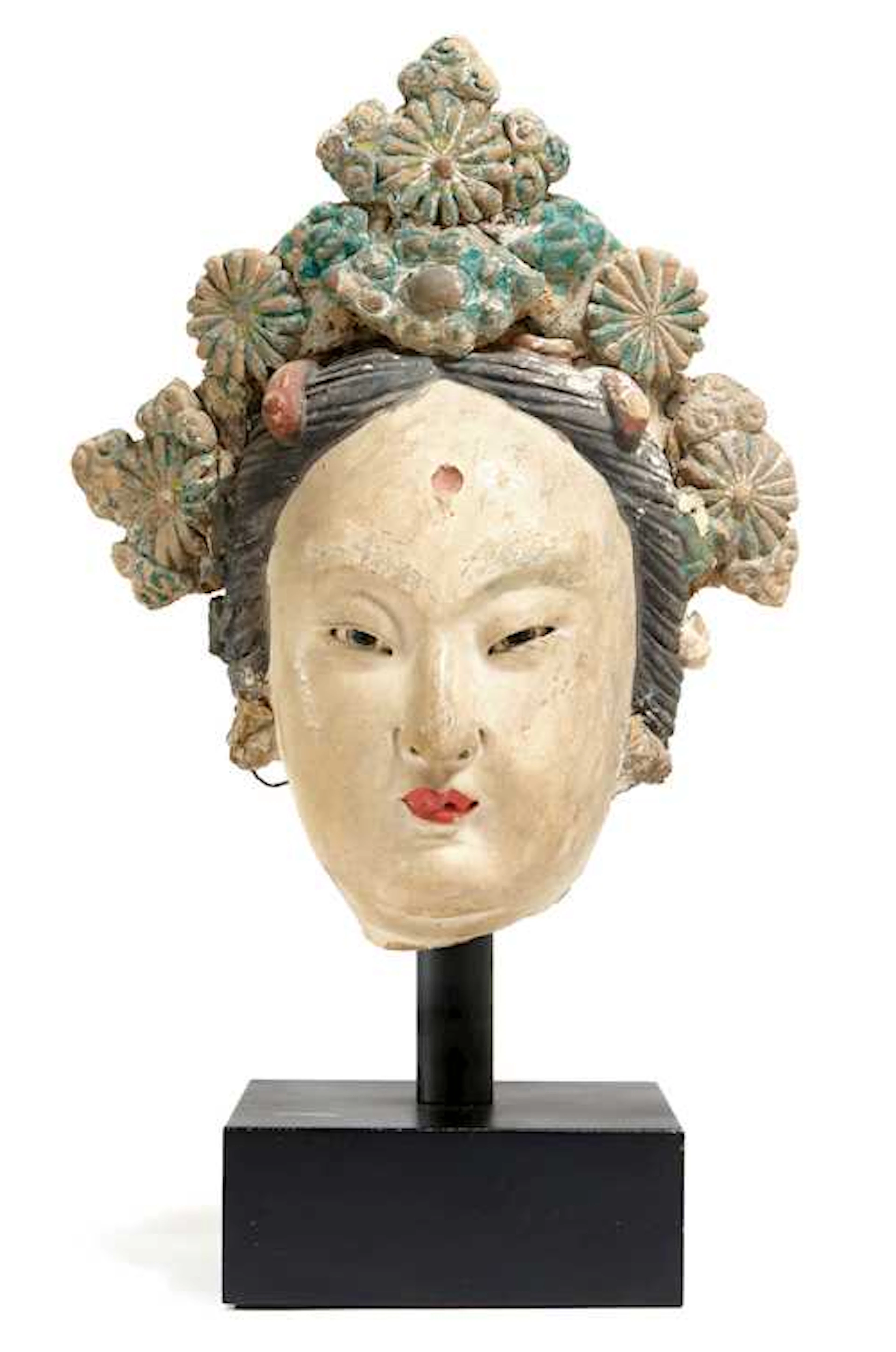 A FINE PAINTED STUCCO HEAD OF A FEMALE IMMORTAL.