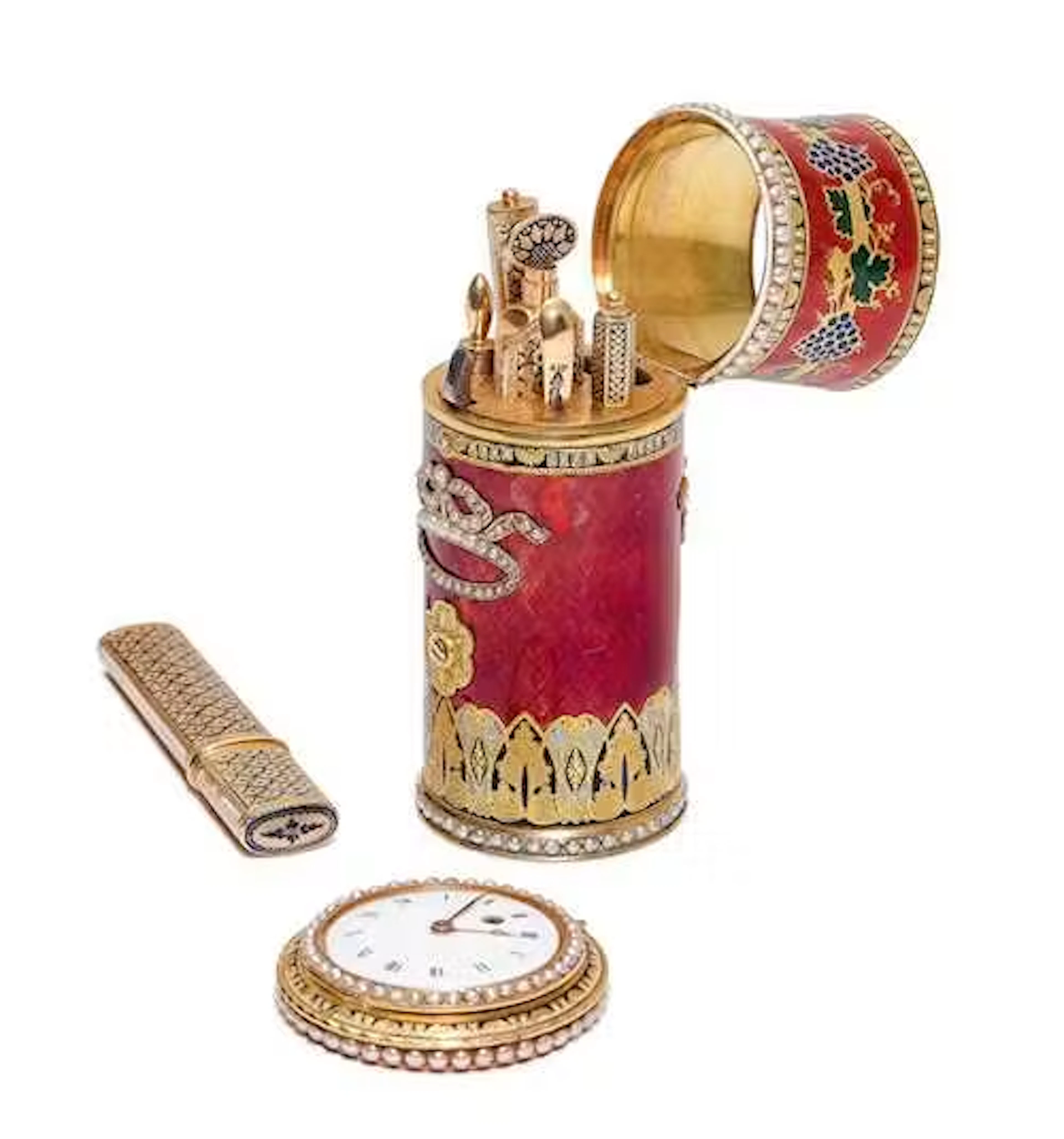 GOLD AND ENAMEL TRAVEL NECESSAIRE WITH WATCH