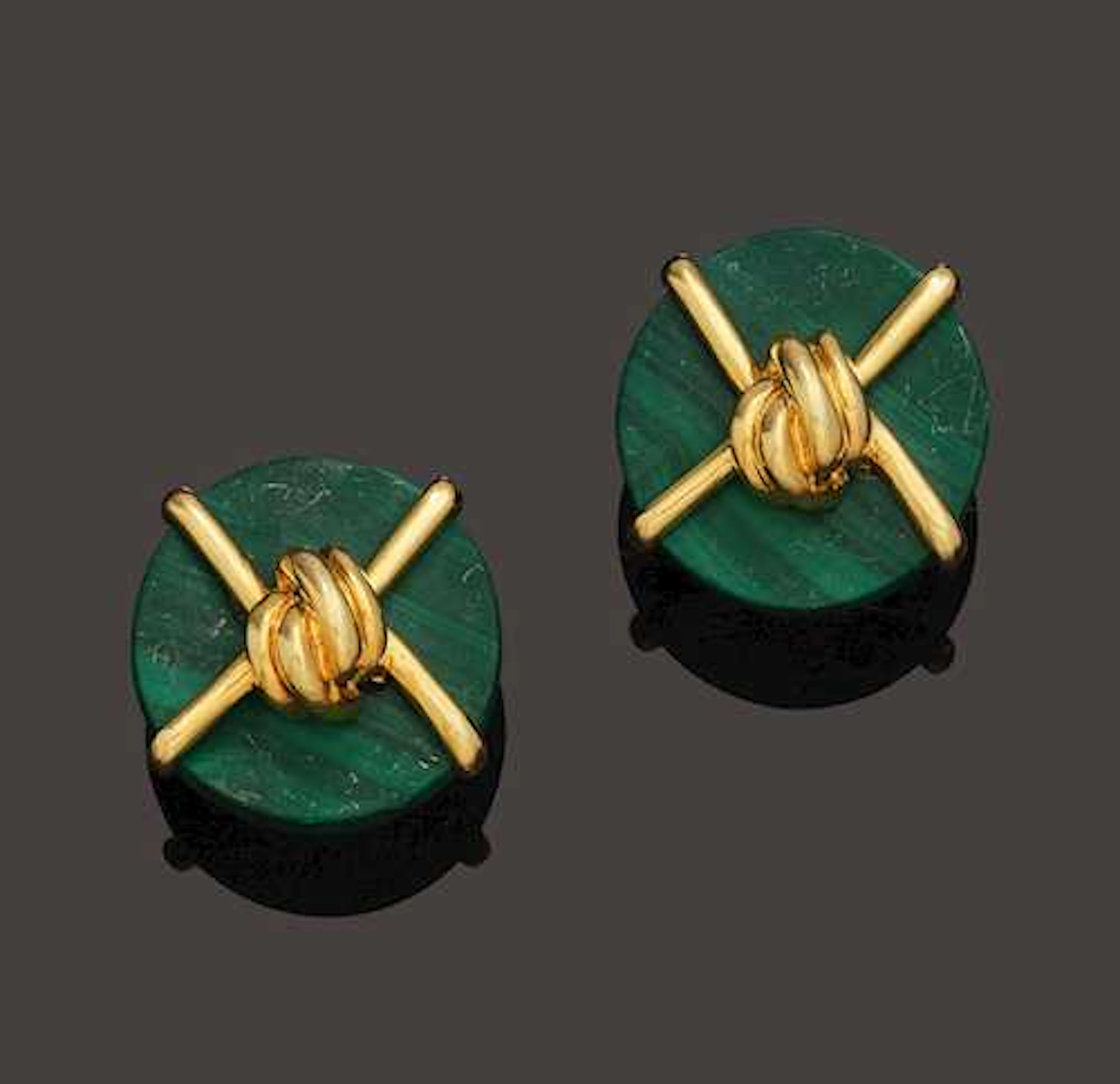 GOLD AND MALACHITE EARCLIPS, CARTIER, A. CIPULLO, 1972