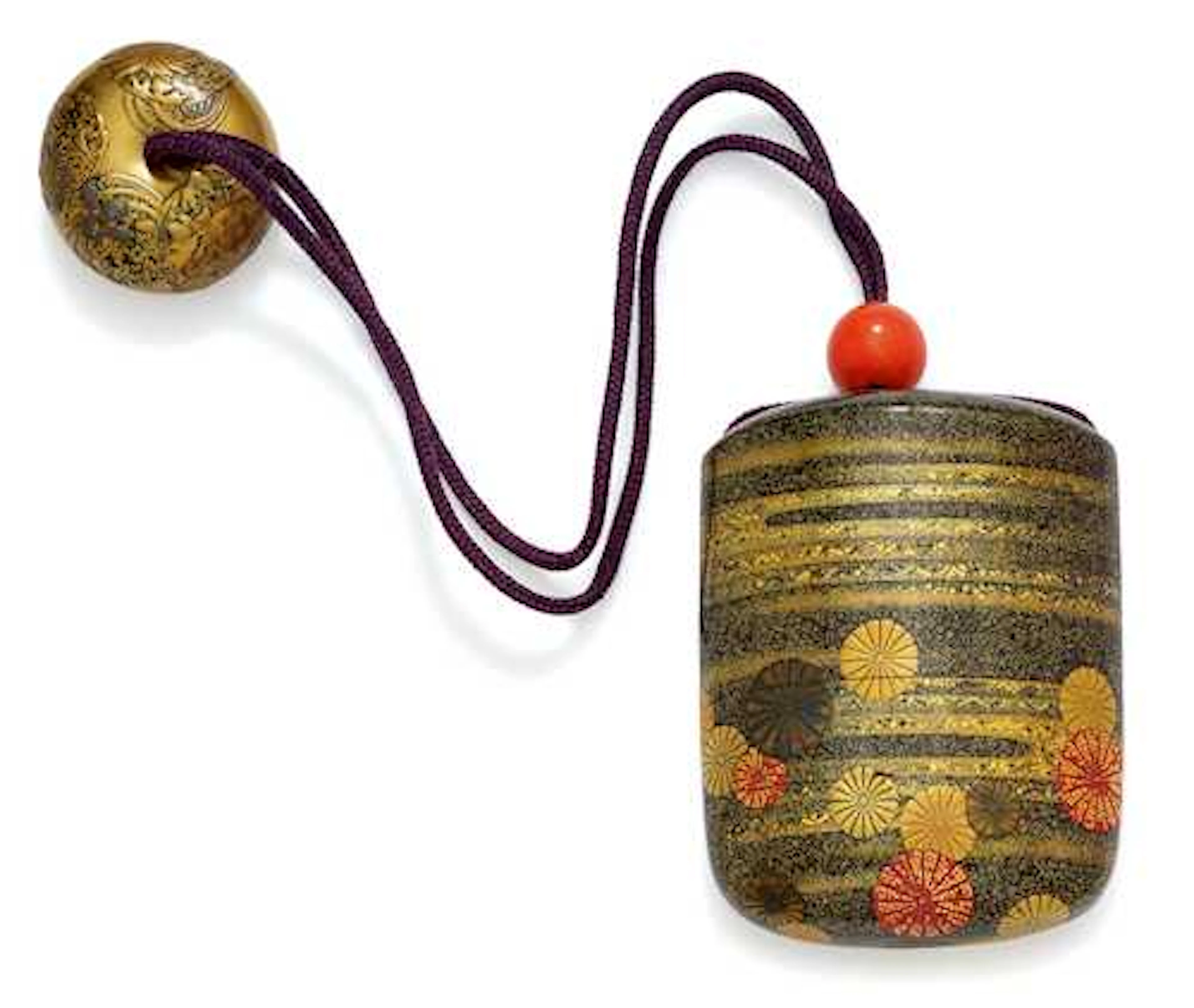 A FOUR CASE INRO WITH CHRYSANTHEMUMS