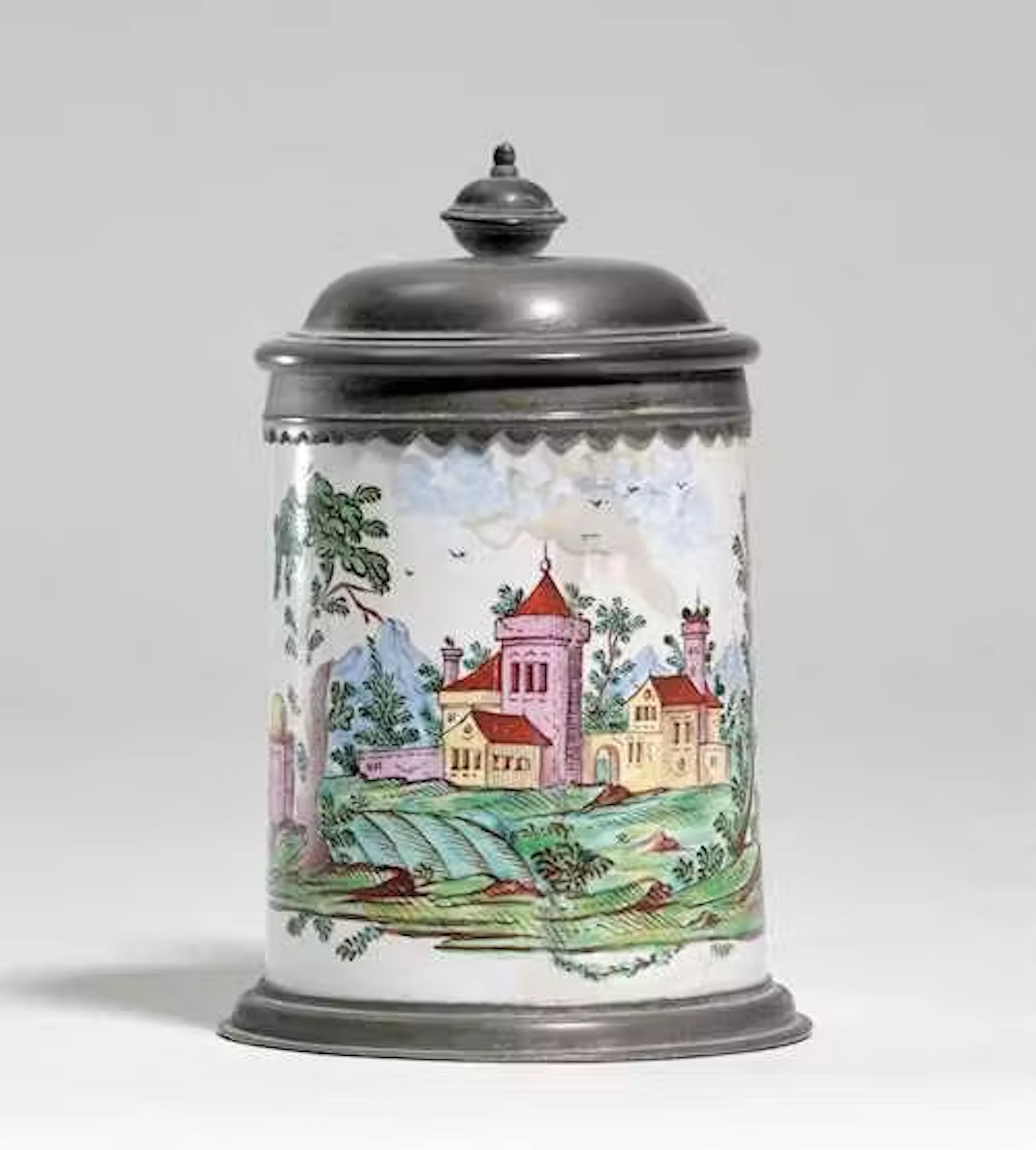 SMALL CYLINDRICAL TANKARD WITH LANDSCAPE PAINTING