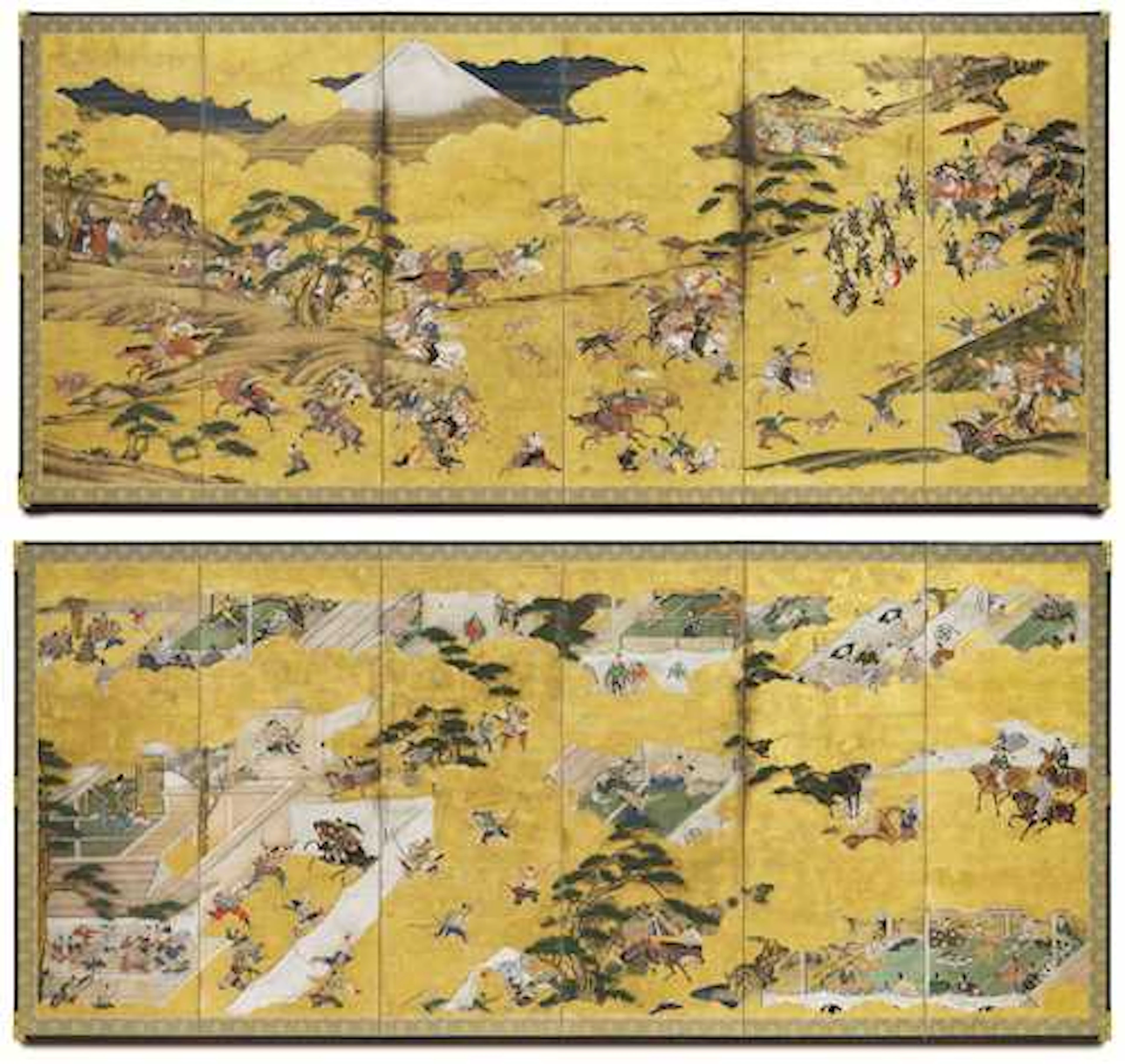 A PAIR OF SIX-PANEL SCREENS