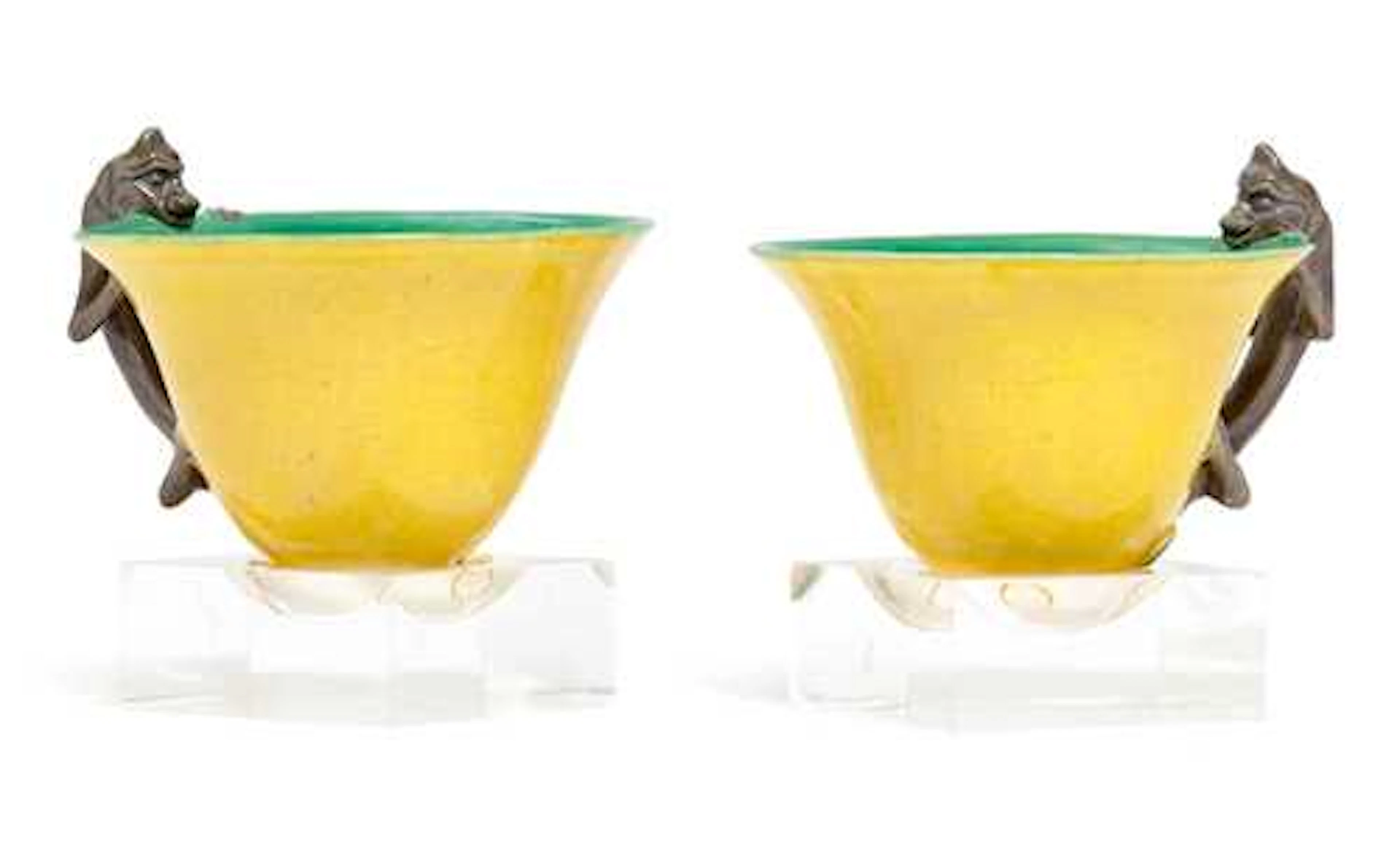 A PAIR OF YELLOW AND GREEN GLAZED BISCUIT 'CHILONG' CUPS