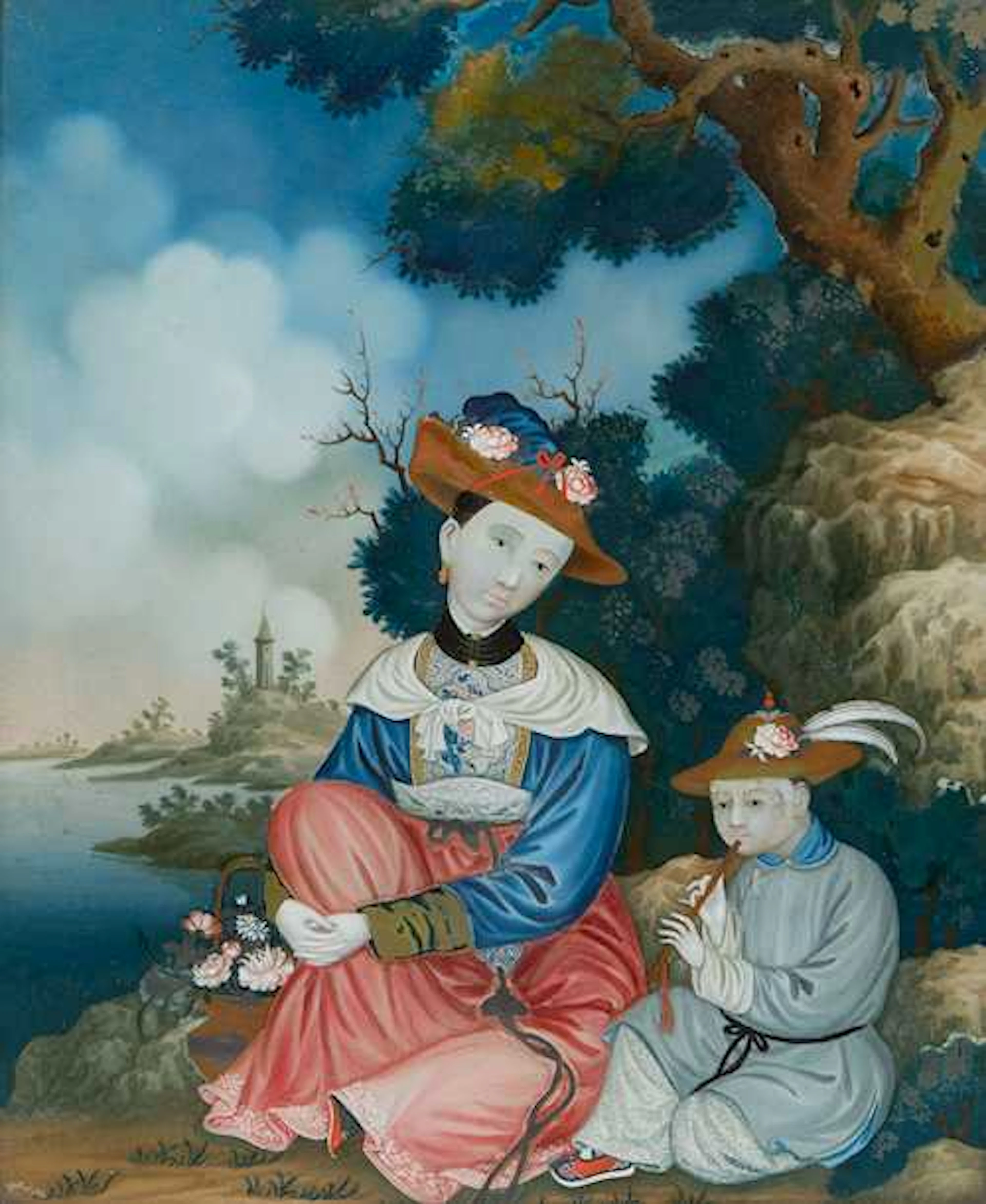 A REVERSE GLASS PAINTING OF A LADY WITH CHILD