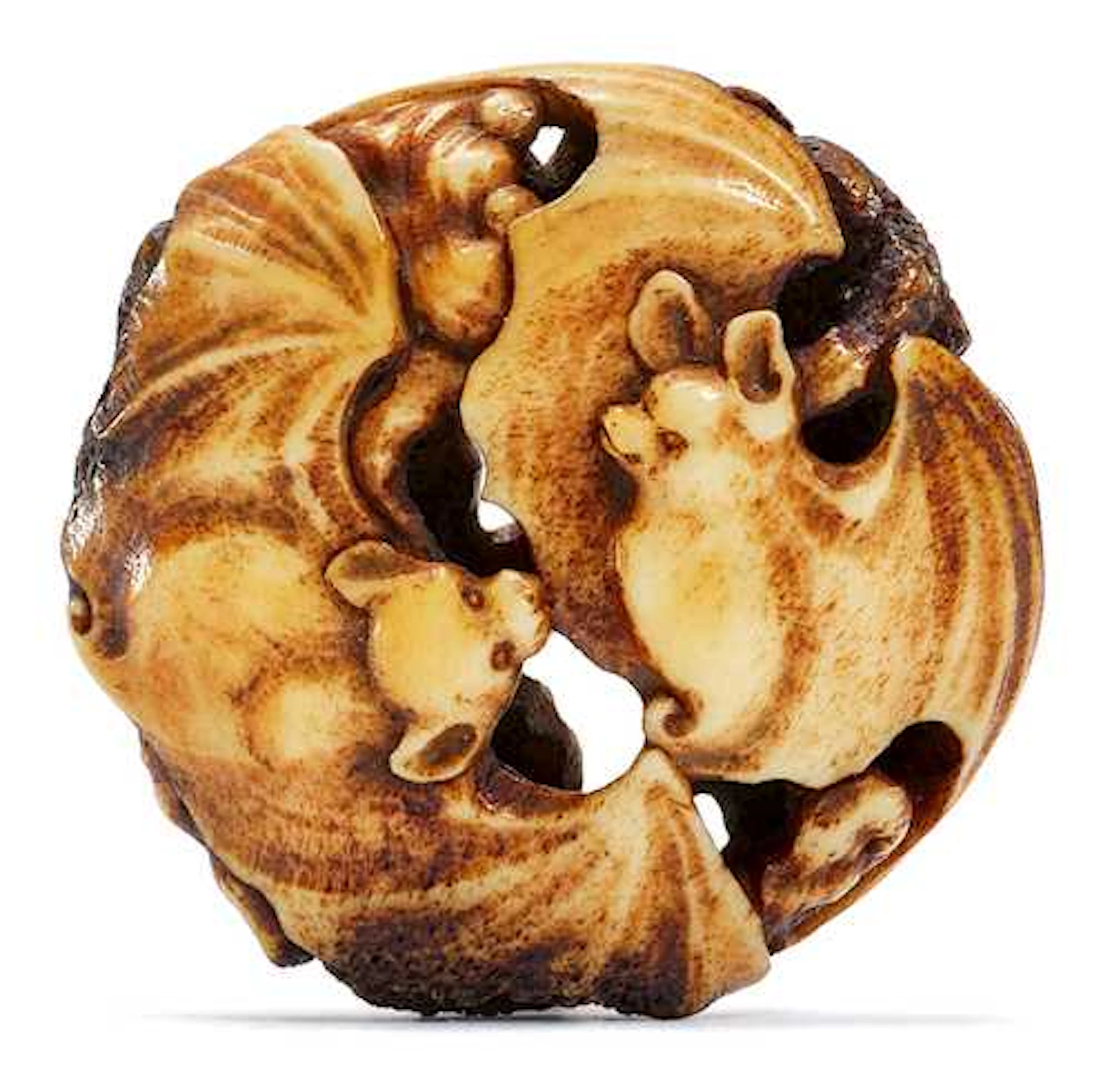 A RYUSA NETSUKE WITH BATS AND REISHI