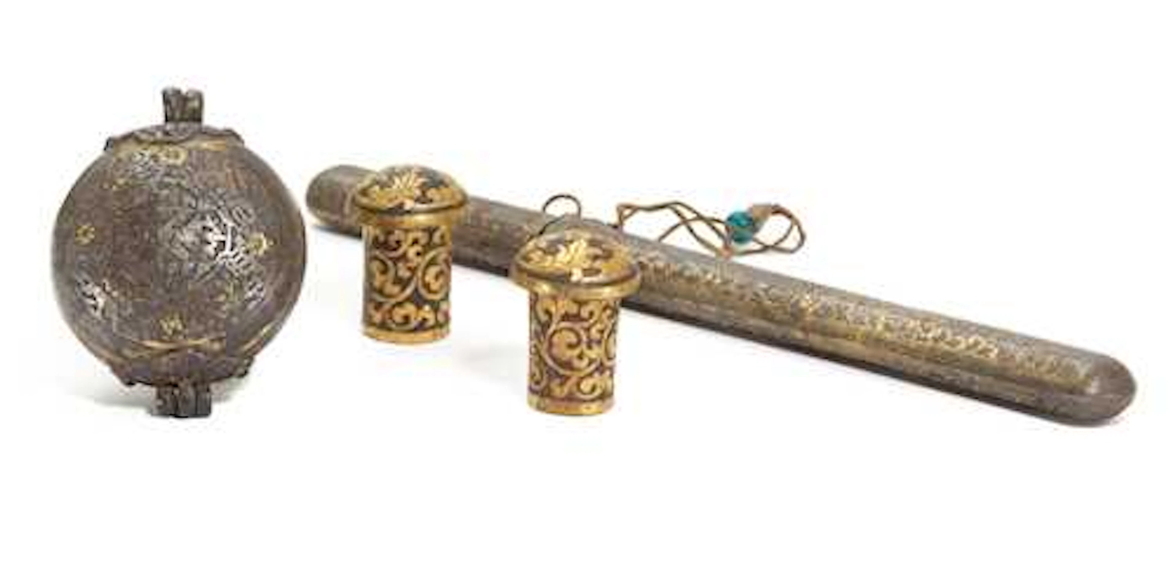 THREE GOLD DAMASCENED IRON OBJECTS.