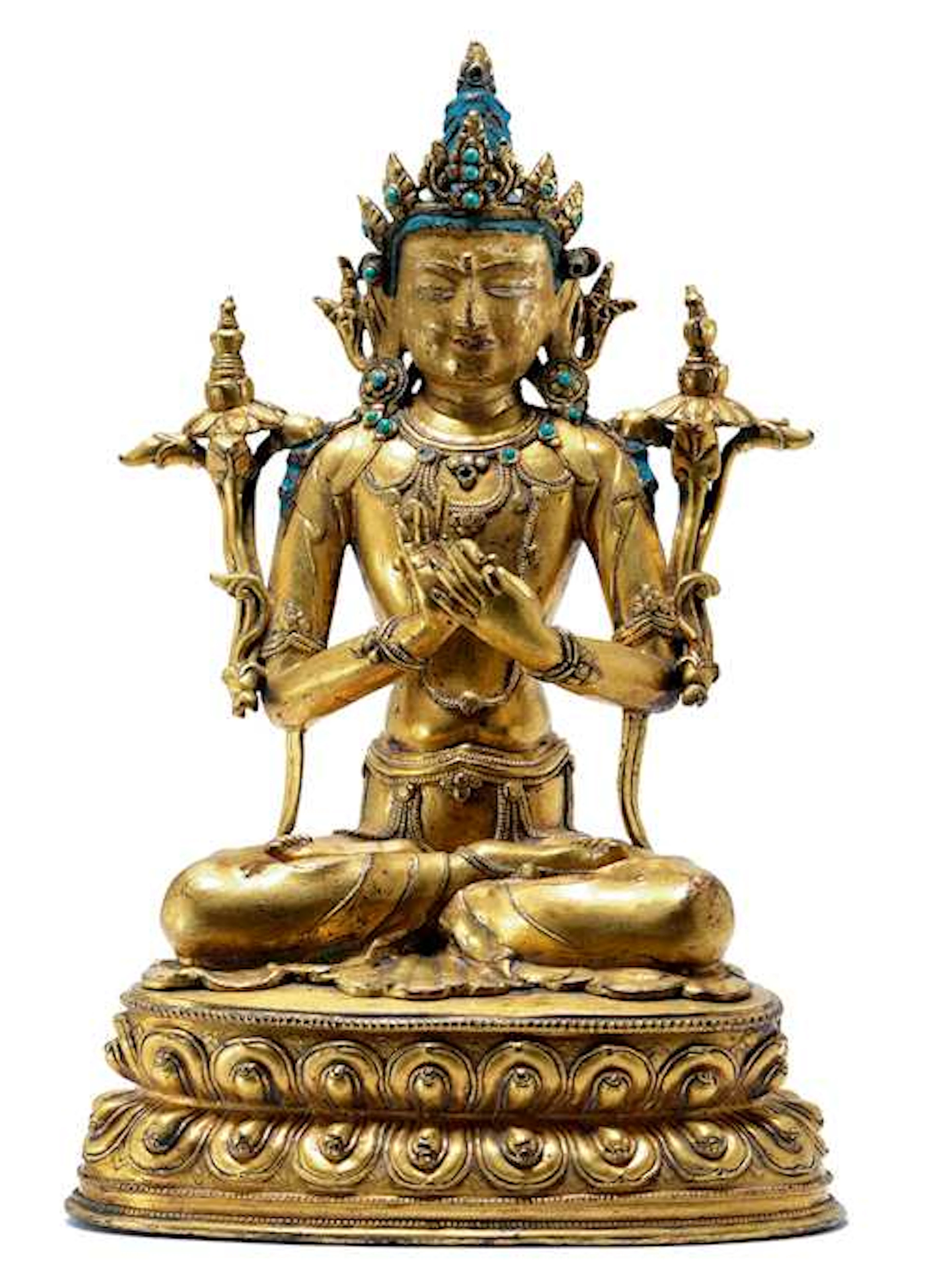 A LARGE GILT COPPER ALLOY FIGURE OF MAITREYA.