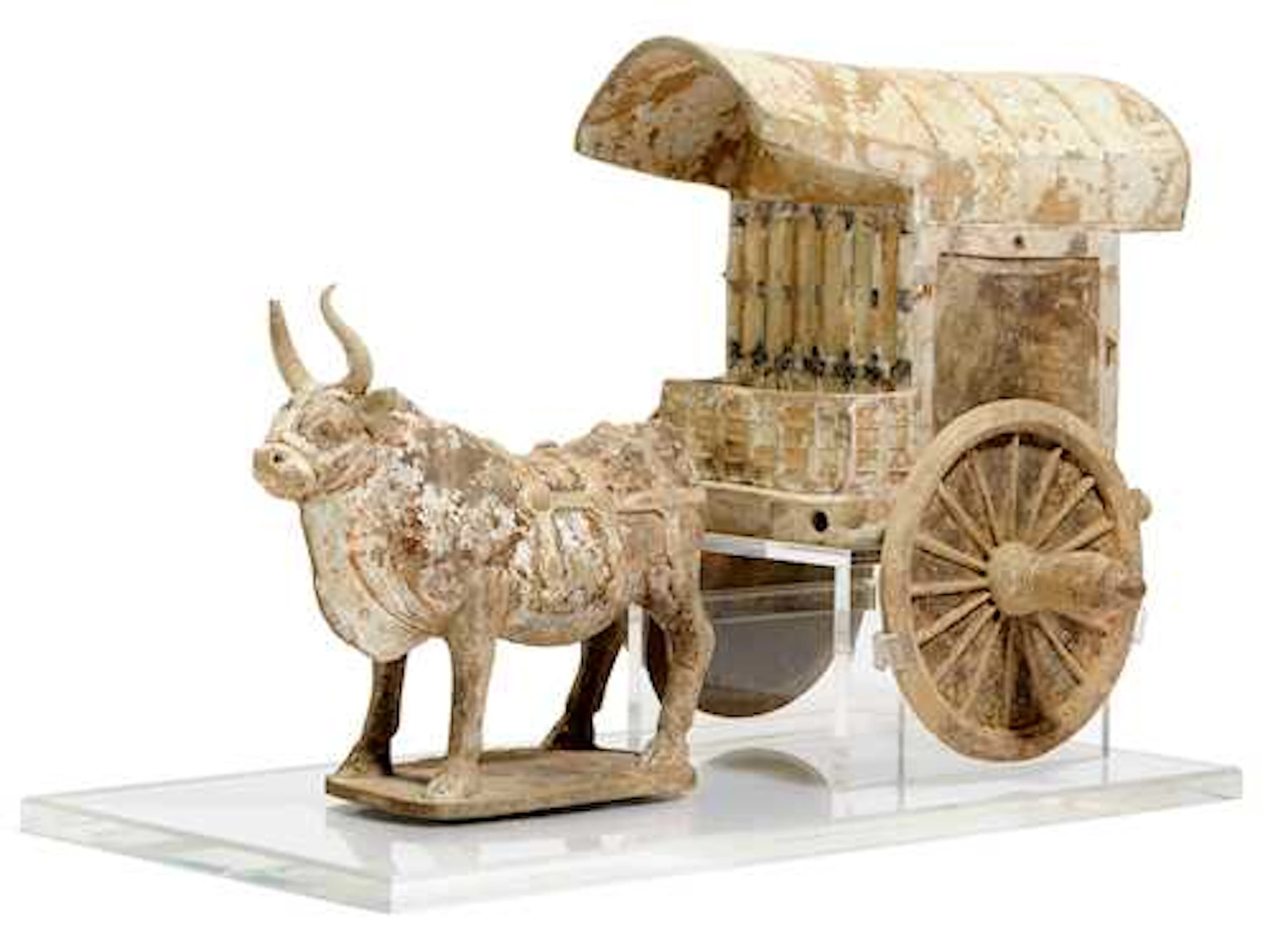 A PAINTED POTTERY MODEL OF AN OX AND CART.