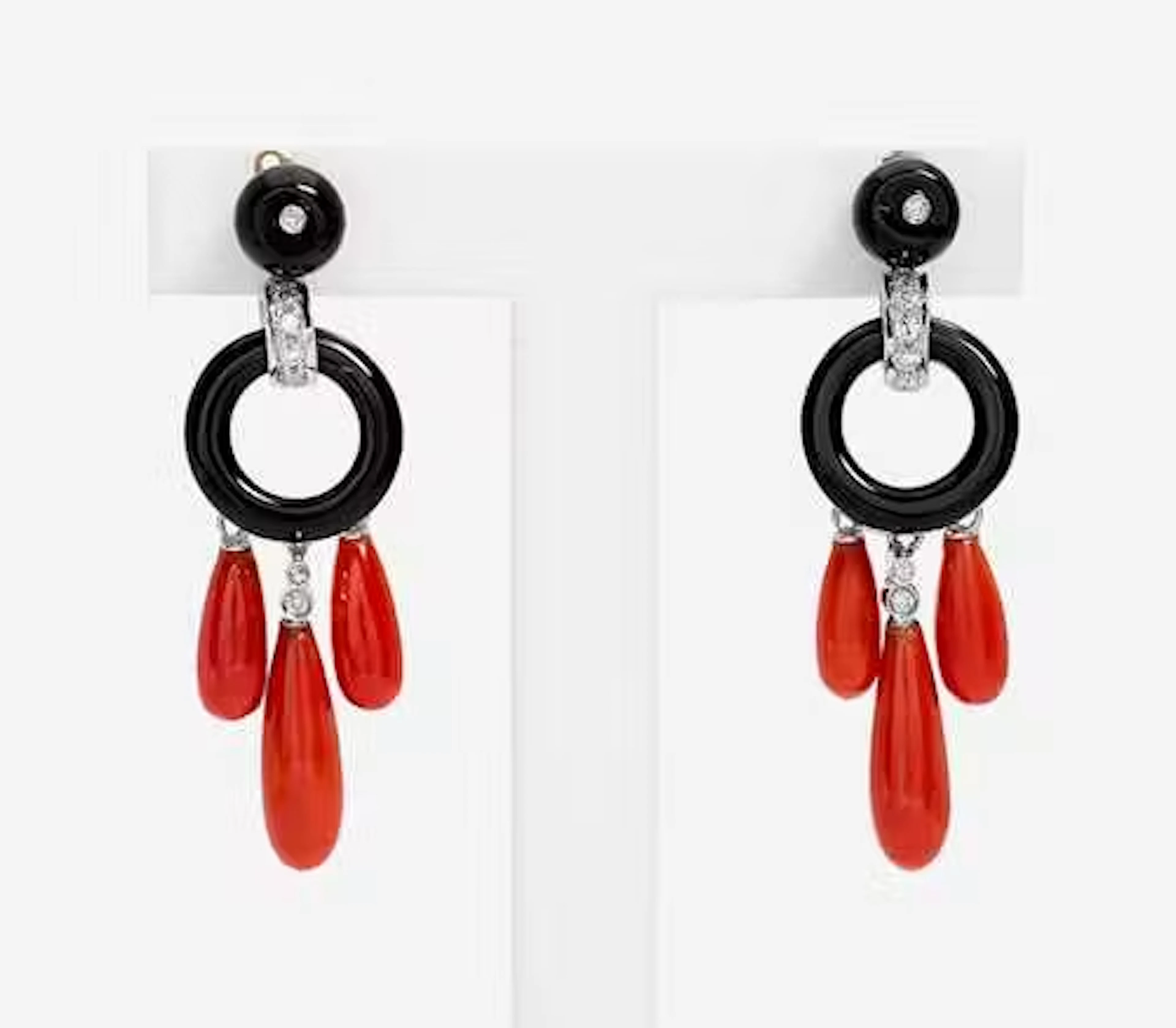ONYX AND CORAL EAR PENDANTS