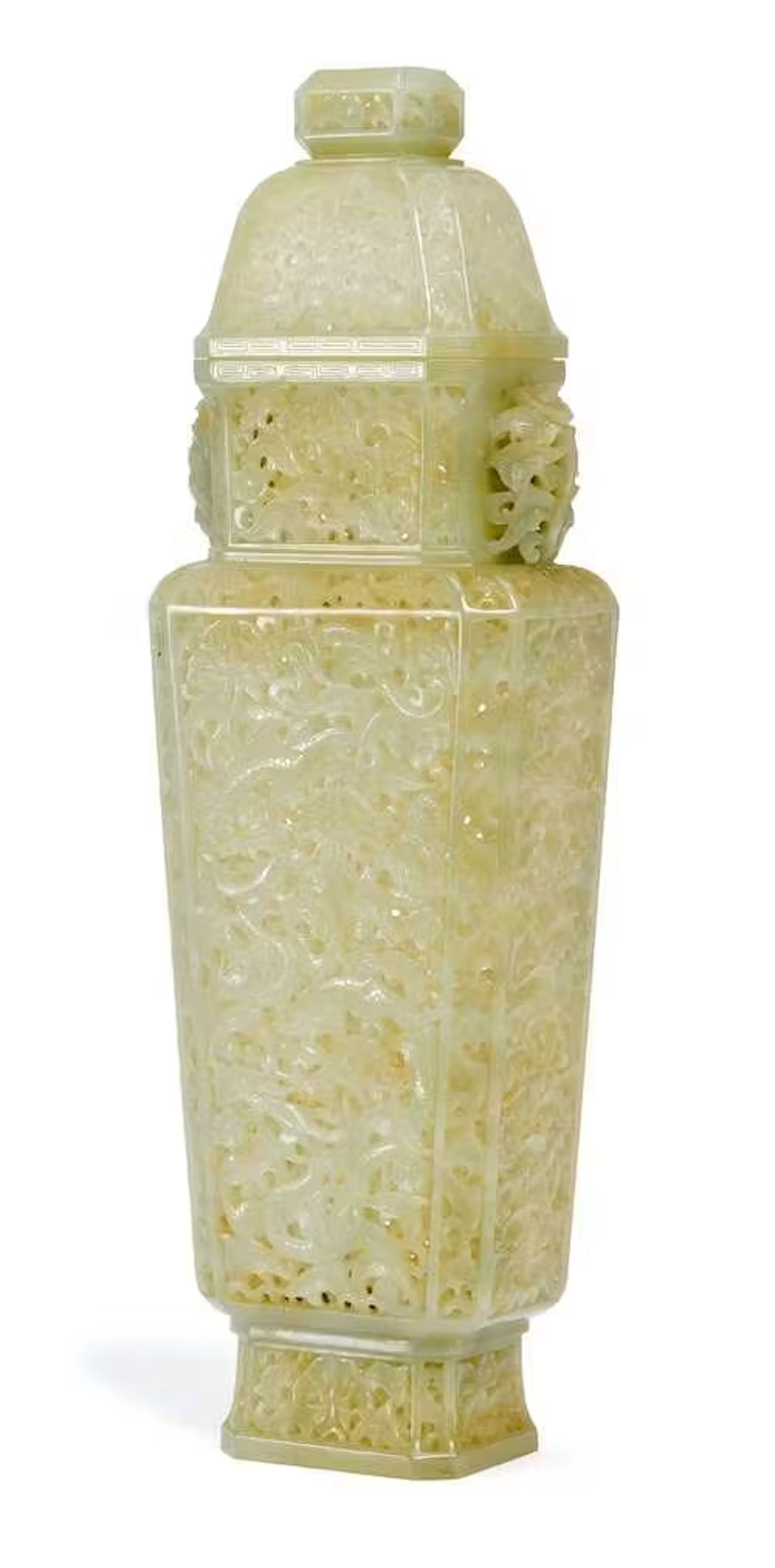 A LARGE MUGHAL-STYLE RETICULATED JADE VASE AND COVER