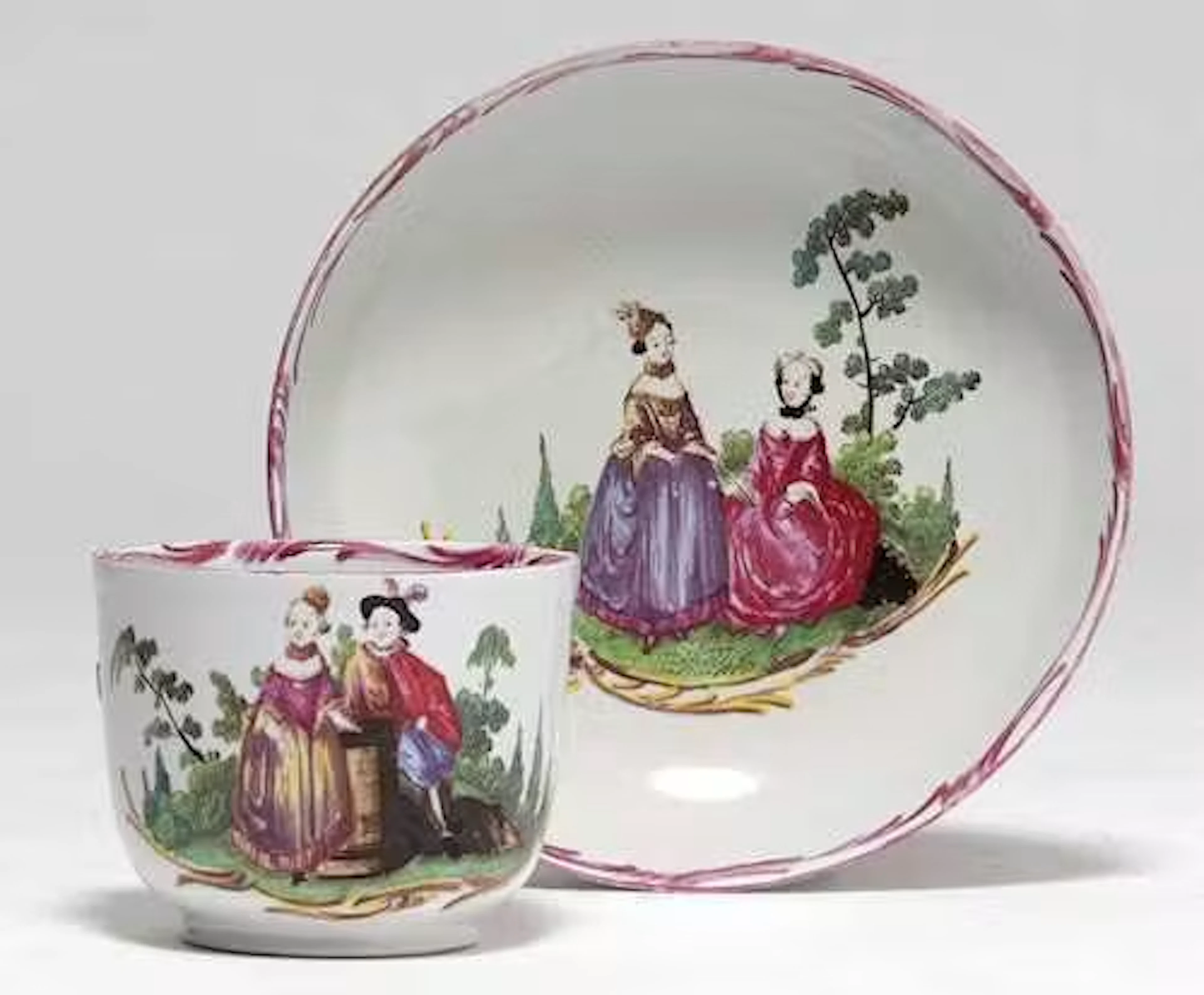 CUP AND SAUCER WITH WATTEAU PAINTING