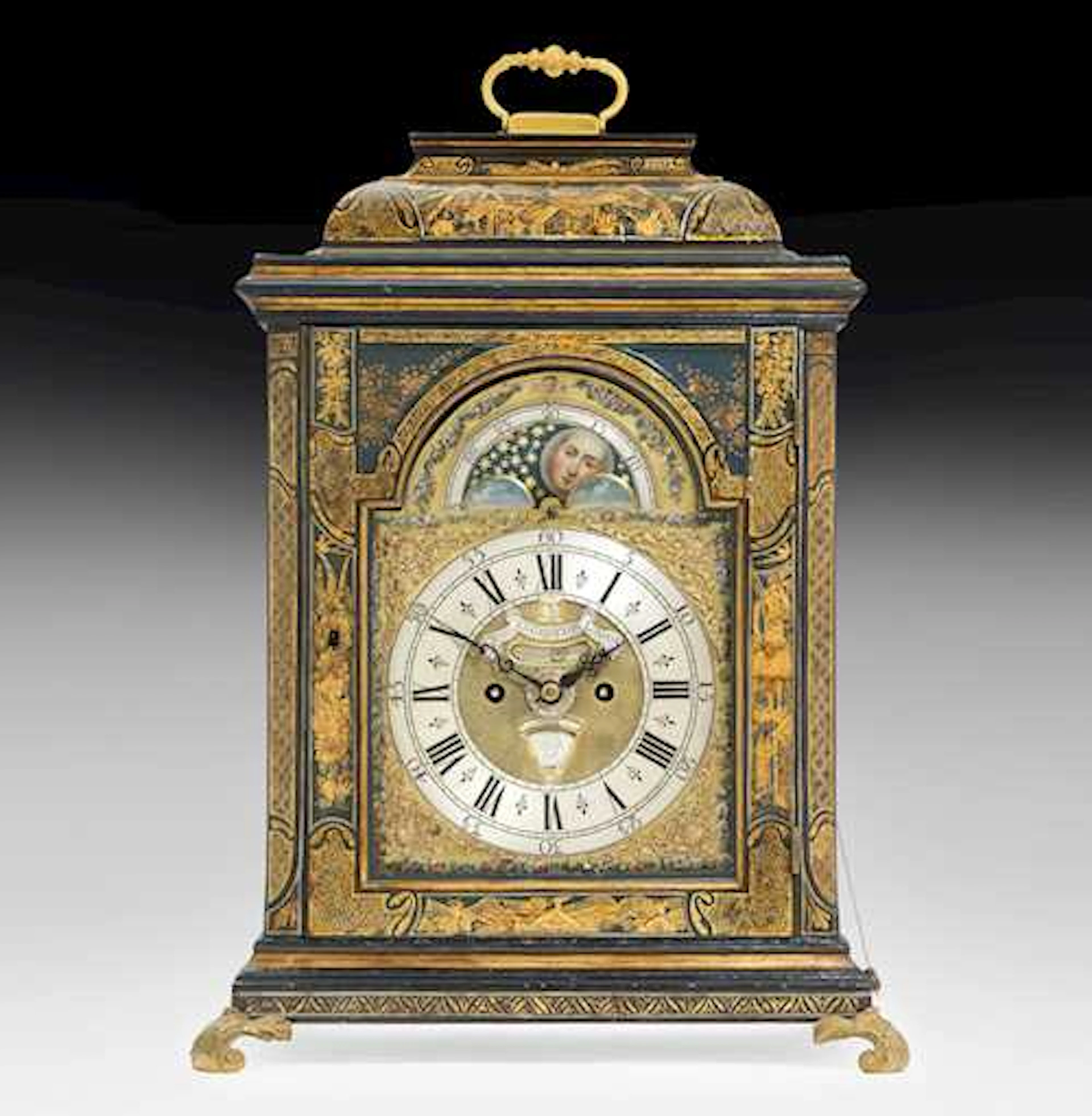 LACQUERED BRACKET CLOCK WITH MOON PHASE, DATE AND DAY DISPLAY, AND ALARM