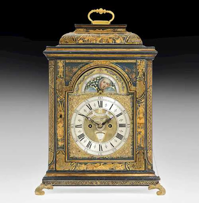 LACQUERED BRACKET CLOCK WITH MOON PHASE, DATE AND DAY DISPLAY, AND ALARM